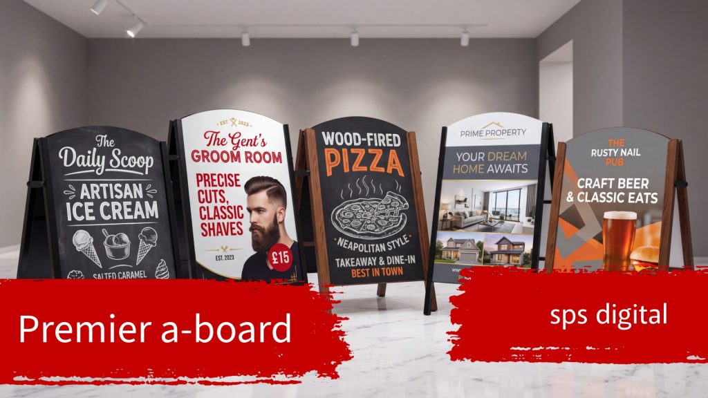 Premier A‑board pavement sign with heavy‑duty frame, crisp printed panel, sharp graphics and a high‑end professional outdoor display suitable for cafés, restaurants, salons and retail businesses.