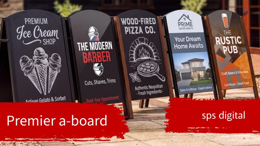 Premier A‑board pavement sign with heavy‑duty frame, crisp printed panel, sharp graphics and a high‑end professional outdoor display suitable for cafés, restaurants, salons and retail businesses.