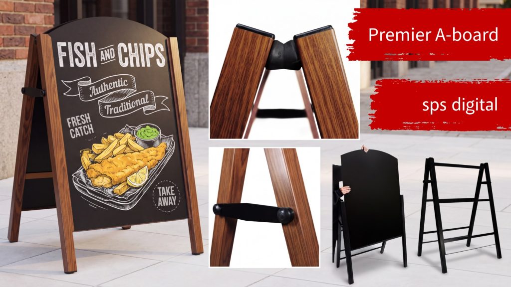 Create one single image containing all five provided A‑board advertisement images. Replace the advertisement on the first A‑board with a new business ad ice‑cream. Keep the original styling, lighting, reflections, and frame design exactly the same as the uploaded samples. Overall feel: premium, modern, and suitable for showcasing multiple A‑board advertisement styles in one combined display.