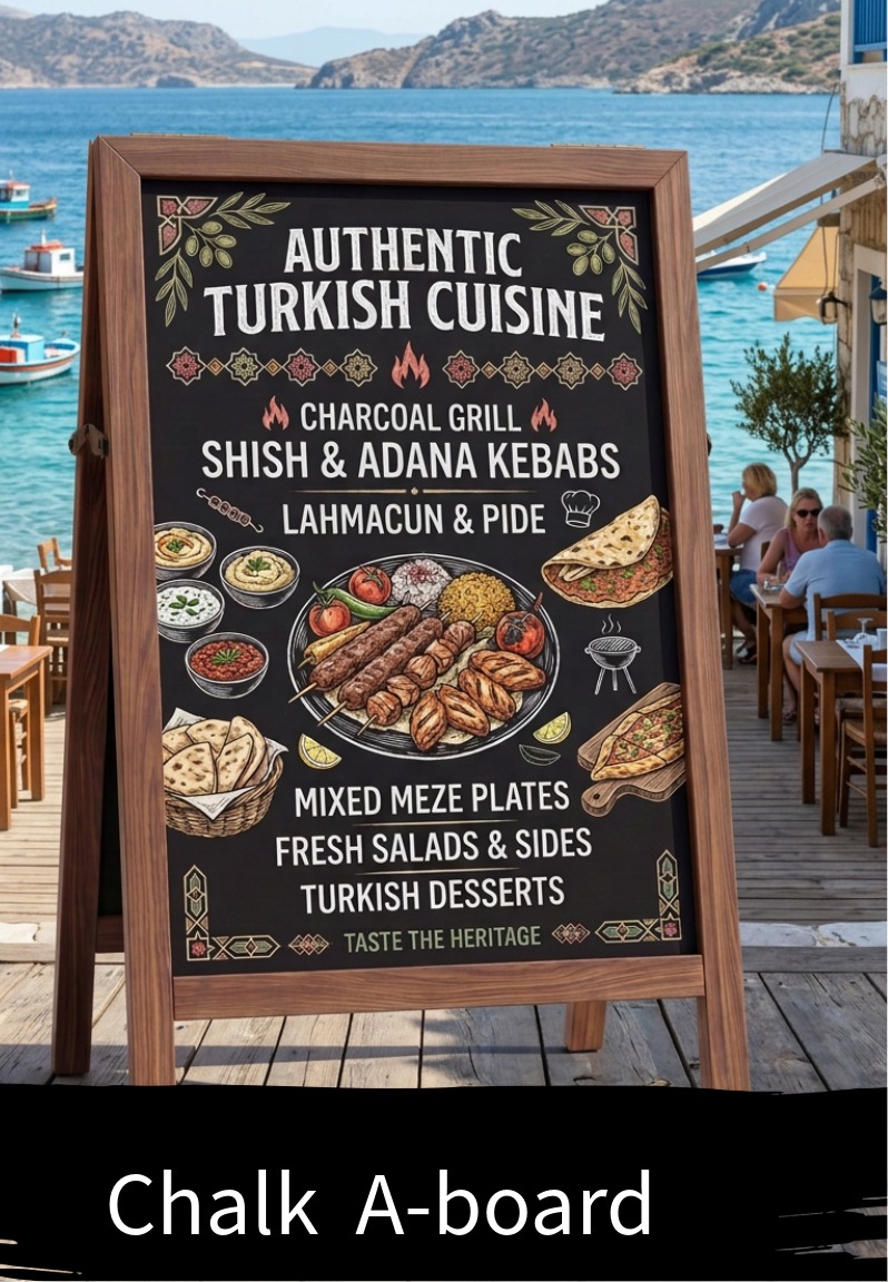 Chalk board outside a Turkish restaurant featuring hand‑drawn kebab, meze and grill illustrations with bold chalk typography, matte black panel, wooden frame and natural outdoor daylight, presented in a warm, authentic Turkish dining setting.