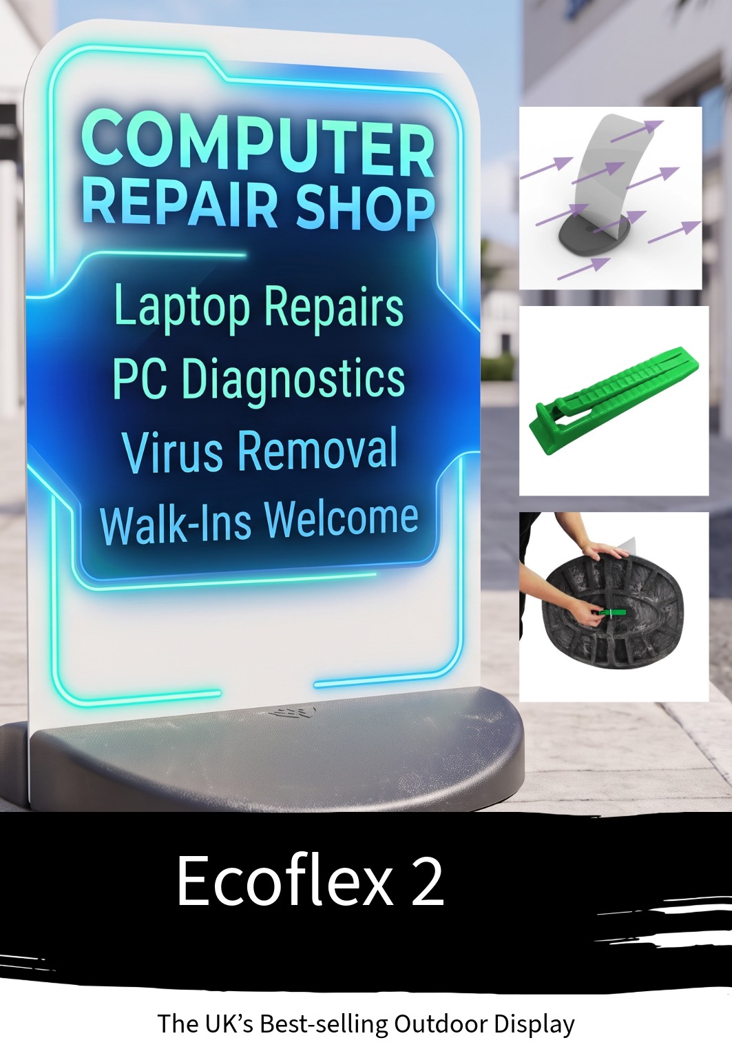 Ecoflex 2 pavement sign with flexible aluminium panel and PVC base displayed outdoors.