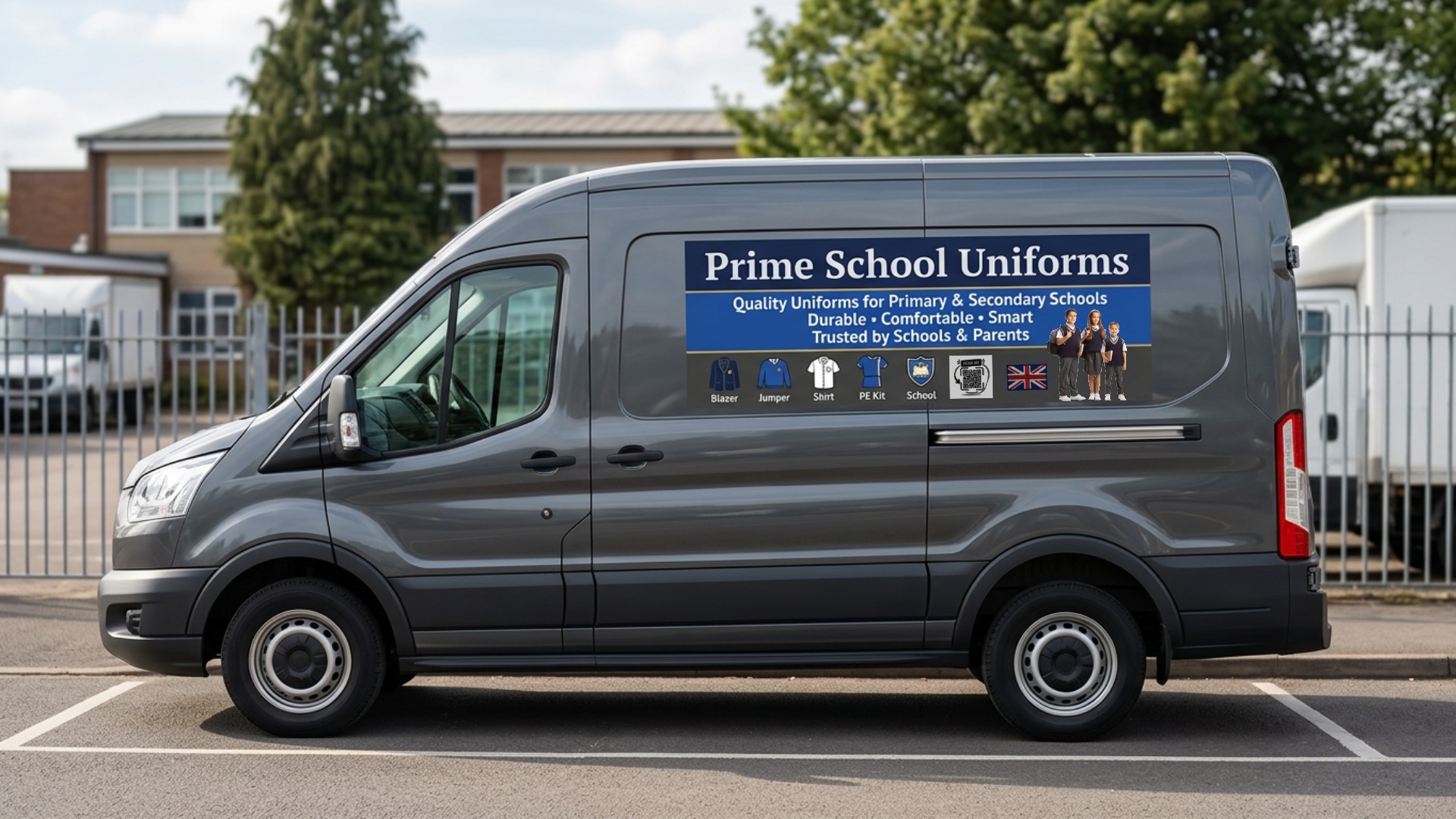 Prime School Uniforms branding on upper back van panel, high‑resolution magnetic sign with professional layout
