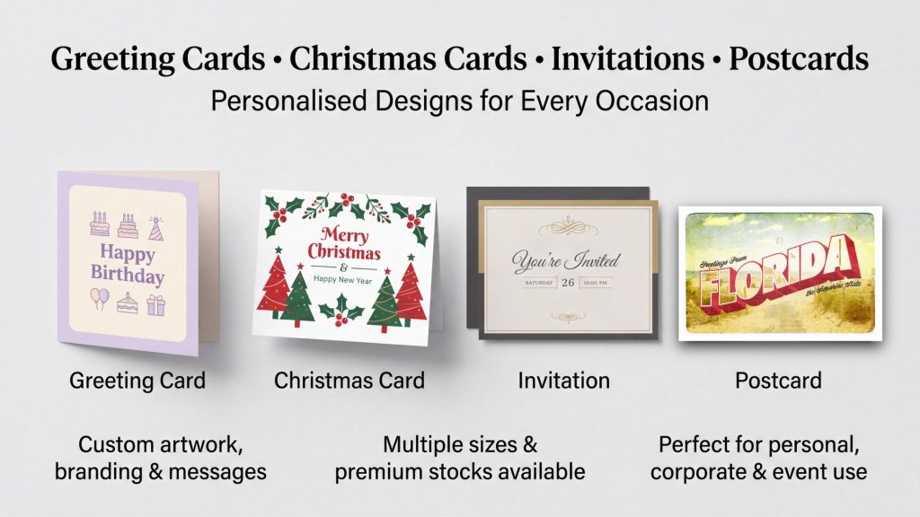 Premium printed samples including greeting card, Christmas card, invitation and postcard arranged neatly on neutral background