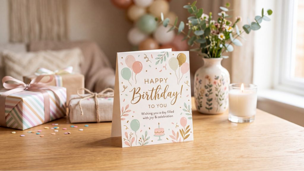 Modern greeting card with clean layout presented on neutral background in commercial catalogue style