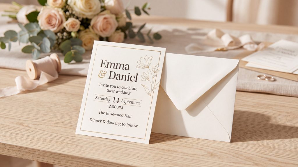 Elegant wedding invitation presented on neutral background in commercial catalogue style