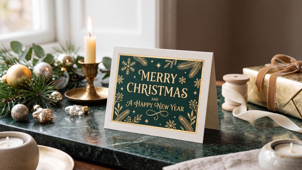 Luxury foil Christmas card sample photographed with sharp detail, soft shadows and festive design elements