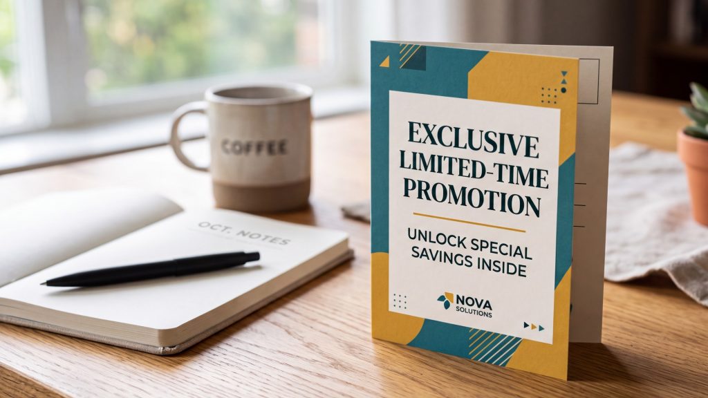 Promotional folded postcard displayed upright with crisp custom printing, clean modern layout, balanced spacing and soft diffused lighting, photographed on a neutral background with realistic shadows for a premium commercial product presentation.