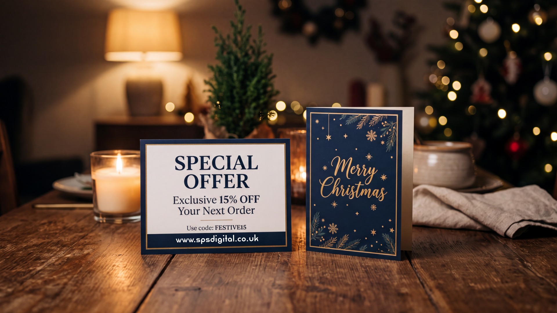 Special offer postcard and Christmas card placed side‑by‑side on a home dining table under soft warm night‑time lighting