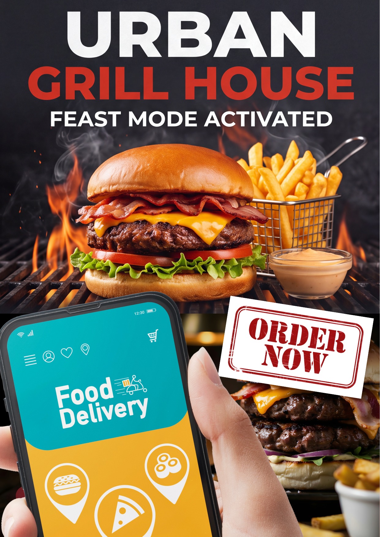 Burger shop poster featuring bold flame‑grilled burger imagery, fries and drink icons, vibrant red‑and‑yellow fast‑food colours, modern bold typography and crisp high‑resolution print, displayed indoors under soft diffused lighting for a premium commercial takeaway branding presentation.