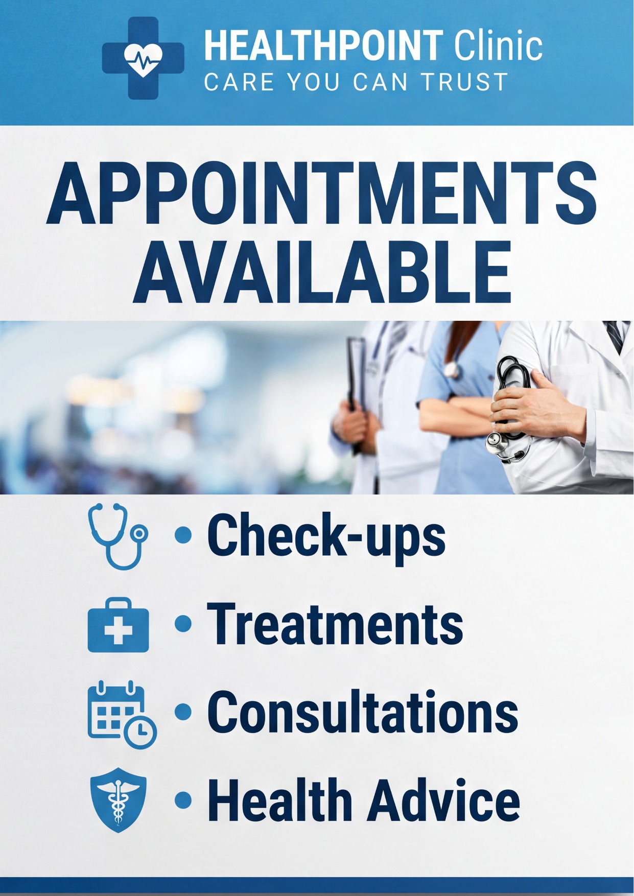 Health clinic posters displayed in a clean medical reception with blue‑and‑white healthcare colours, modern clinical typography, service icons and crisp high‑resolution print, photographed under soft diffused lighting for a professional medical branding presentation.