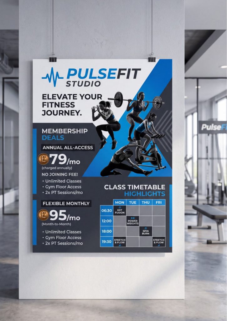 High‑resolution product photograph of a PulseFit Studio gym poster displayed in a clean studio environment.