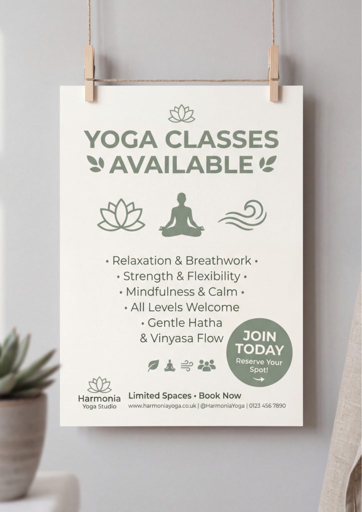 Yoga class poster displayed in a clean studio setting with sage‑green wellness colours, modern typography, calm yoga icons and crisp high‑resolution print, photographed under soft diffused lighting with balanced spacing and professional fitness branding.