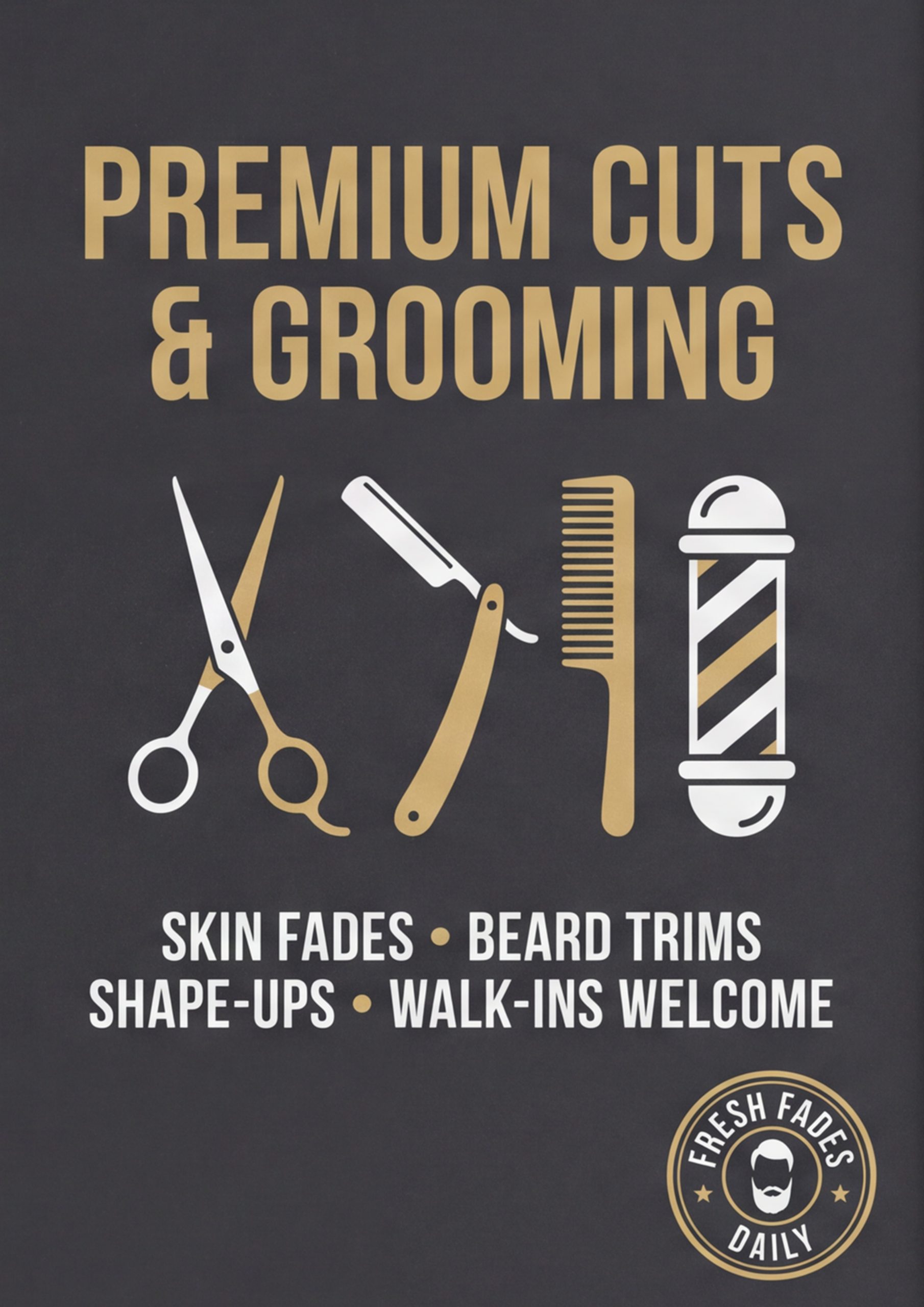 Modern barber shop poster with grooming icons, bold typography and clean layout.