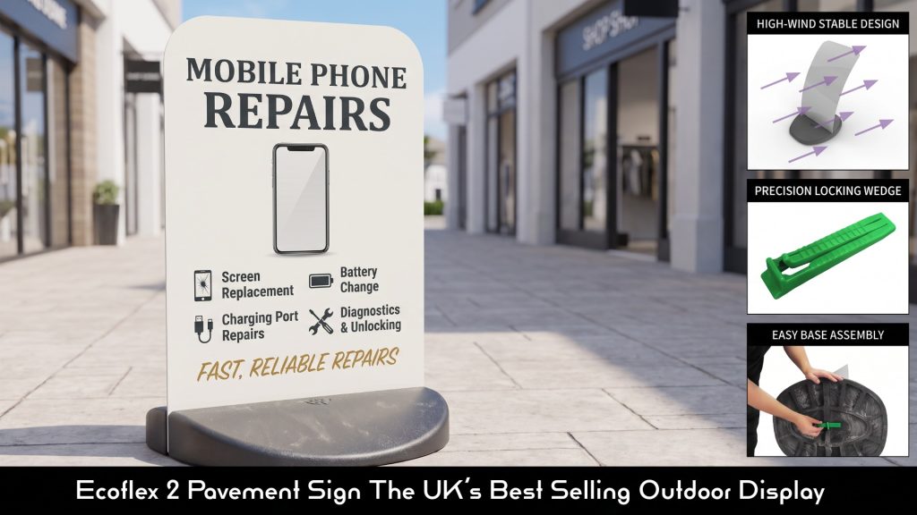 Ecoflex 2 pavement sign with a full printed aluminium panel featuring a bright mobile‑phone shop advertisement, mounted on a flexible black PVC base with patented tool‑free wedge system, displayed on a high‑street pavement under natural daylight with crisp print quality and professional retail presentation.