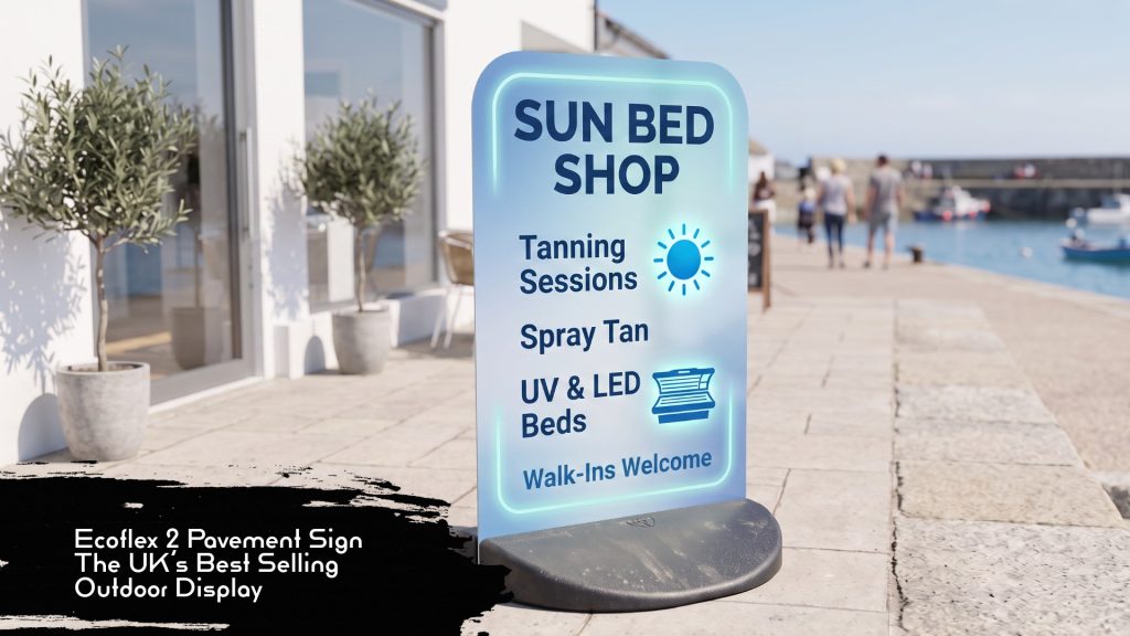 Ecoflex 2 pavement sign with flexible aluminium panel and PVC base displayed outdoors.