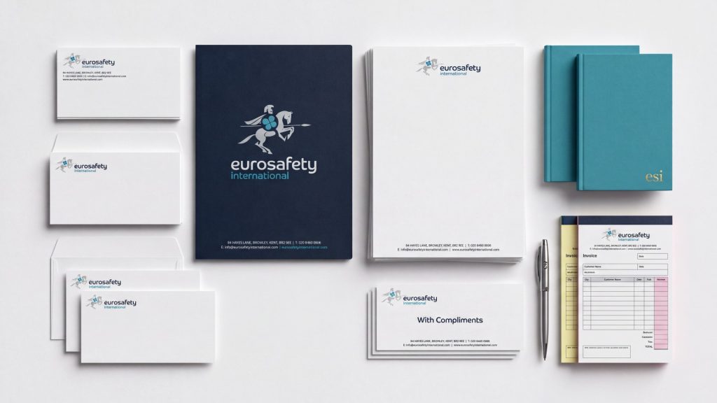 Full range of professionally printed business stationery including letterheads, compliment slips, branded envelopes, NCR pads, notepads and presentation folders, all featuring sharp, readable text and consistent corporate branding.