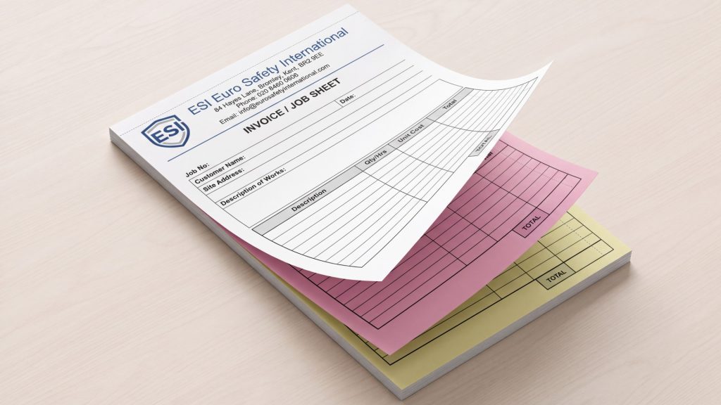 Professional UK‑style NCR pads with white, pink and yellow carbonless sheets, glued top edge and clean perforation, ideal for receipts, job sheets and business record‑keeping.