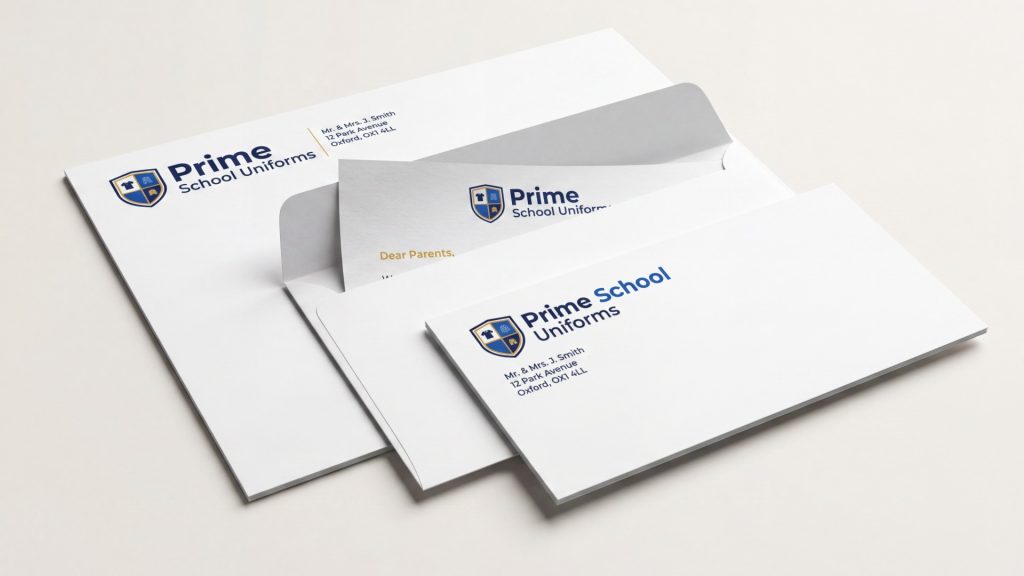 Prime School Uniforms branded envelopes in DL, C5 and C4 sizes, printed on premium bright‑white stock with sharp schoolwear branding and clean professional UK layout.