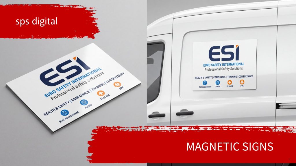 Commercial van displayed outdoors with clean white bodywork, smooth side panels, crisp edges and natural daylight reflections, photographed in a full‑van view for professional fleet branding, magnetic signage and vinyl graphics presentation.