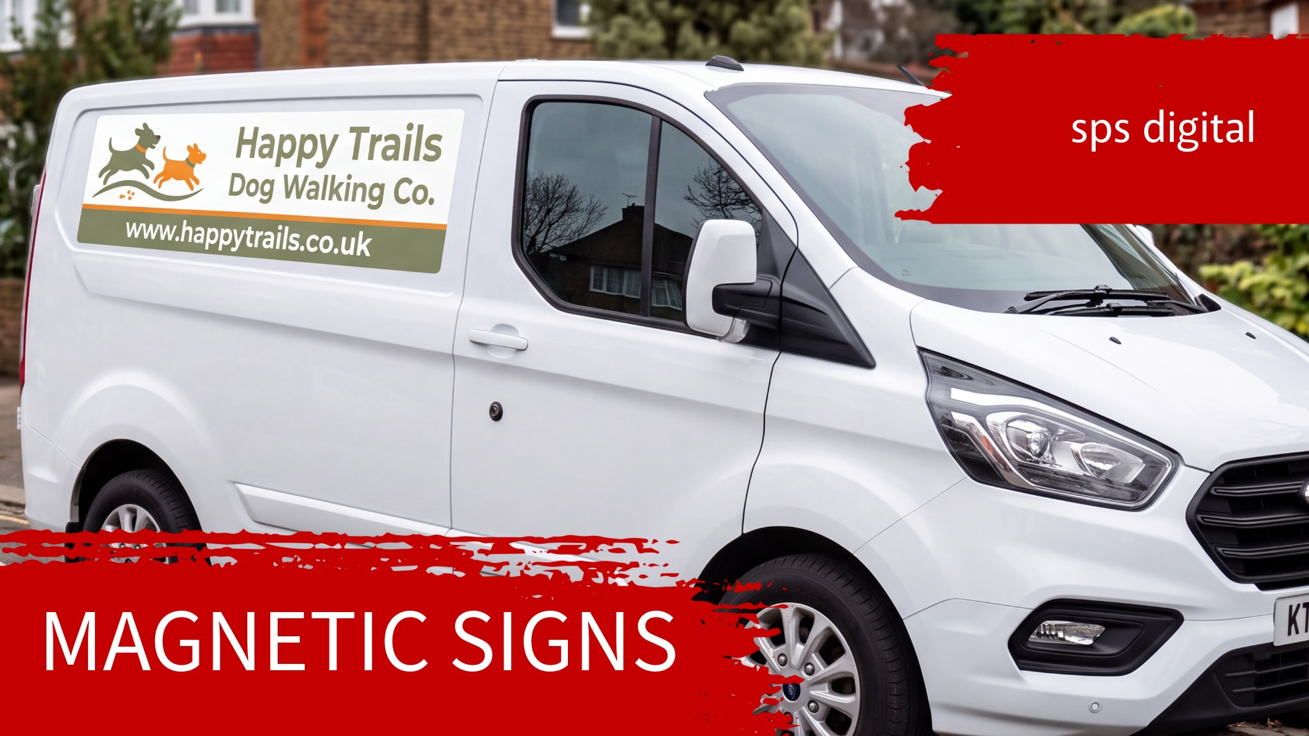 0.85mm gloss magnetic vinyl sign for Happy Trails Dog Walking Co. displayed on the upper side panel of a clean van, showing crisp high‑resolution print, smooth gloss reflections, sharp edges and professional magnetic adhesion, photographed outdoors with full van view under soft natural daylight.