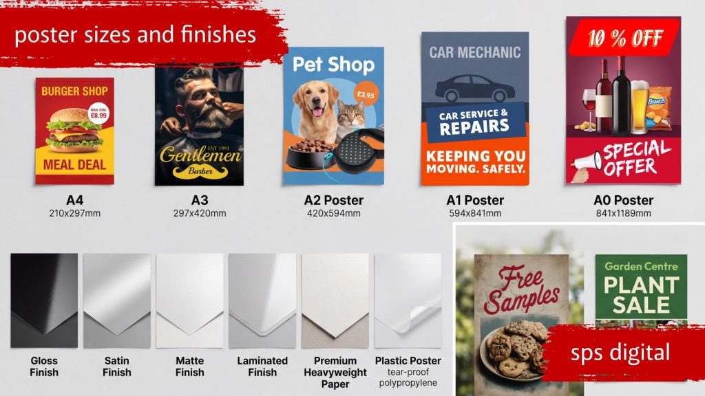 Full range of posters displayed in accurate A‑series sizes with clear labels, showing gloss, satin, matte, laminated, heavyweight paper, plastic and waterproof PVC finishes, arranged in a clean stepped layout under soft diffused studio lighting for a premium commercial print‑shop presentation.