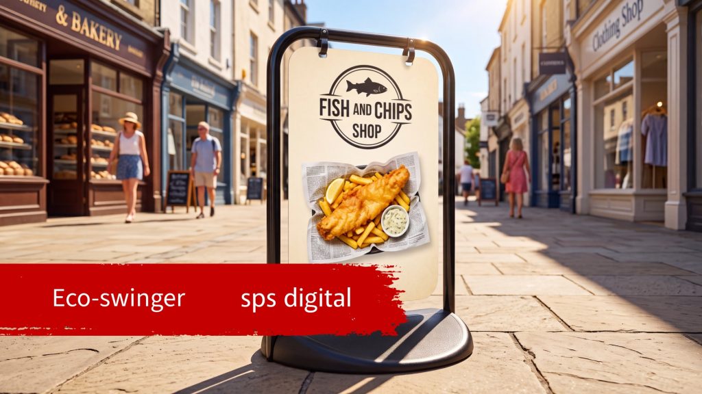 A‑board with a black frame displaying a fish and chips advertisement, standing on dry pavement with bright natural sunlight, soft directional shadows, and crisp reflections on the frame and hinges.