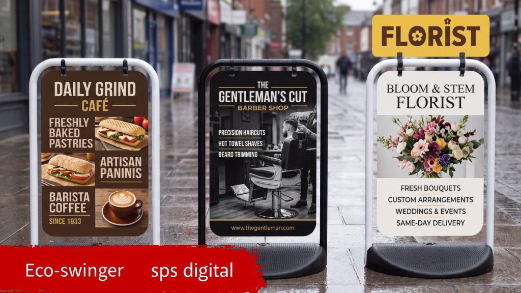 Three high‑street A‑boards on rain‑kissed wet pavement, evenly spaced: white‑frame café ad, black‑frame barber ad, and white‑frame florist ad with tactical header, featuring realistic lighting and subtle reflections.