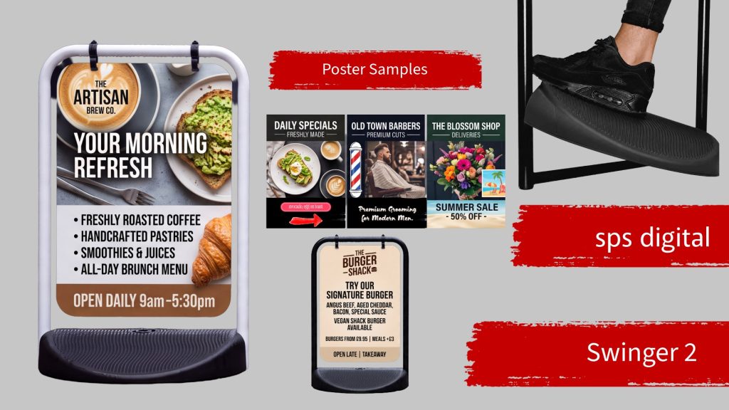 Swinger 2 pavement sign with recycled PVC base, steel frame and D‑Flex panel hangers