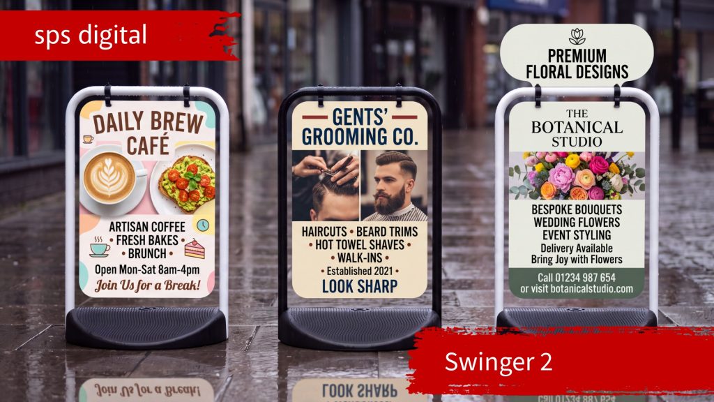 Swinger® 2 retail pavement board: outdoor advertising sign for shops, cafés, and service businesses