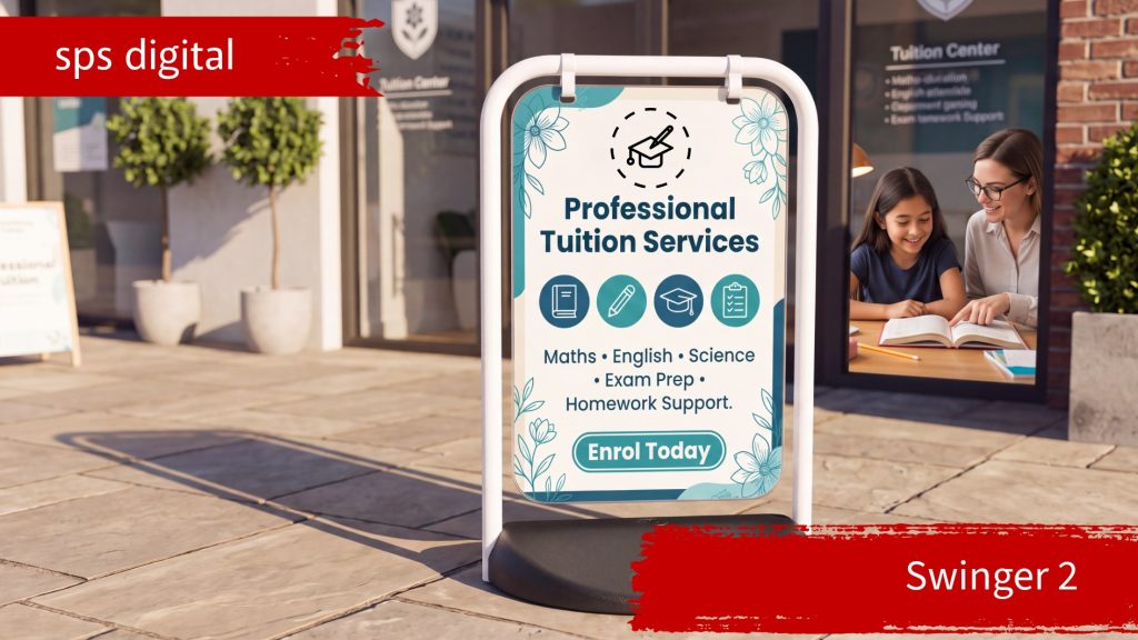 Swinger® 2 pavement sign displayed outdoors with full printed panel promoting a tuition service, featuring smooth pivoting action, patented D‑Flex hangers and a solid recycled PVC base, shown on a high‑street pavement under natural daylight with crisp print quality and professional educational branding.