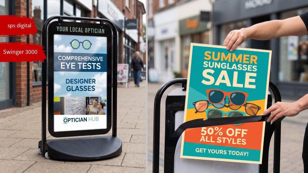 Outdoor product photo showing the Swinger 3000 pavement sign with a 20×30 polycarbonate poster pocket on a high‑street pavement, featuring an optician advertisement inside the pocket. On the right side, a customer is inserting a sunglasses‑sale poster into the same pocket, with hands visible and the transparent polycarbonate surface reflecting natural daylight.