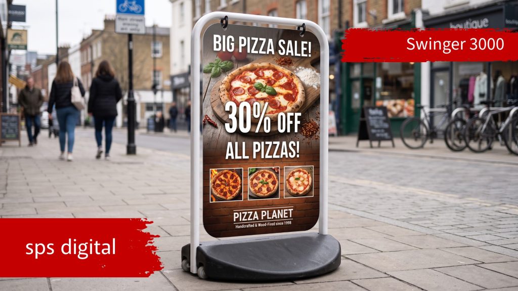 Swinger 3000 outdoor pavement sign with a full printed white aluminium panel featuring a bold pizza advertisement, supported by a flat‑sided oval steel frame and black water‑fillable wheeled base, displayed on a high‑street pavement under natural daylight with crisp print quality and professional retail presentation.