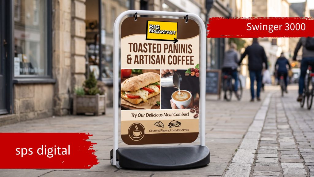 Swinger 3000 outdoor pavement sign with full printed aluminium panel, flat‑sided oval steel frame and black water‑fillable base with wheels, displayed on a high‑street pavement under natural daylight with crisp print quality and professional retail presentation.