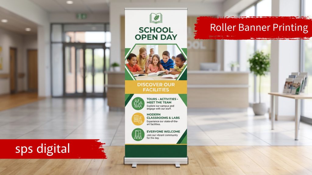 Premium roller banner displayed indoors with a lightweight aluminium base, retractable pull‑up graphic, crisp high‑resolution print and warm ambient lighting, positioned in a modern commercial reception for high‑impact indoor advertising.