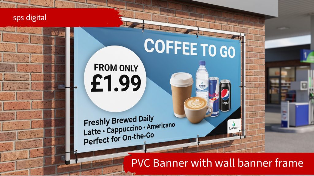 PVC banner mounted on a petrol station entrance brick wall showing real coffee cups, bottled water and soft drinks, printed in blue, white and black colours with “Coffee To Go: Freshly Brewed Daily” text, displayed using a metal wall‑mount bracket system.