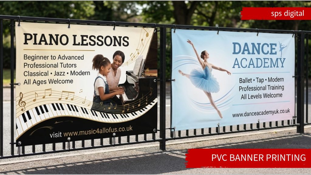 Music school outdoor banner attached to a black metal fence on a roadside pavement, featuring instrument icons and lesson details with UV‑resistant print, metal eyelets and cable‑tie fixings under natural daylight.