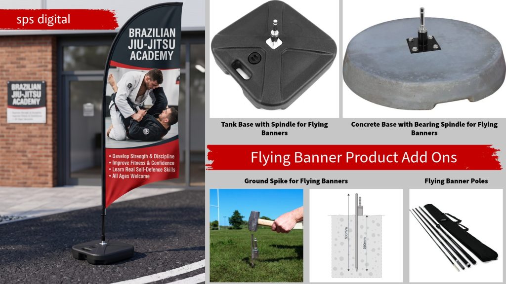 Collection of flying banner add‑on accessories including water‑fill tank bases, cross bases with ground spikes, carbon‑fibre pole sets and carry bags, displayed clearly for product comparison under natural lighting.