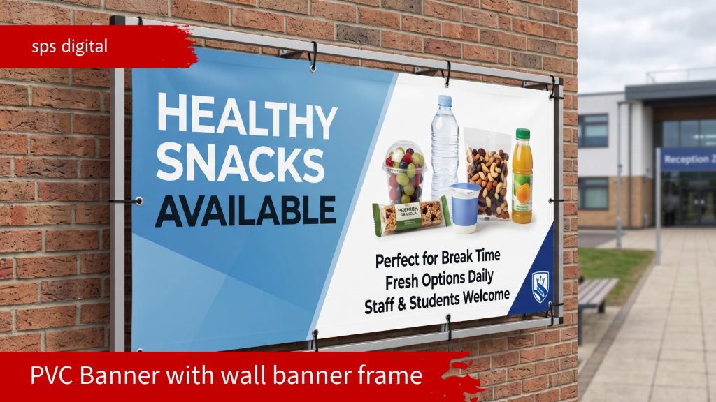 PVC banner mounted on a school entrance brick wall displaying real healthy snacks including fruit pots, bottled water, granola bars and yogurt, designed in blue, white and black colours with bold “Healthy Snacks Available” text.