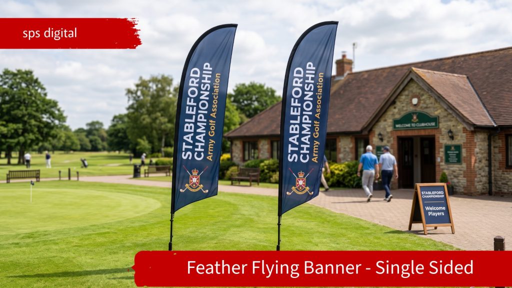Stableford Championship flying banners installed outdoors on a golf clubhouse lawn, featuring bold tournament branding on feather‑shaped flags with carbon‑fibre poles, ground‑spike bases, realistic fabric movement and natural daylight in a premium golf event setting.