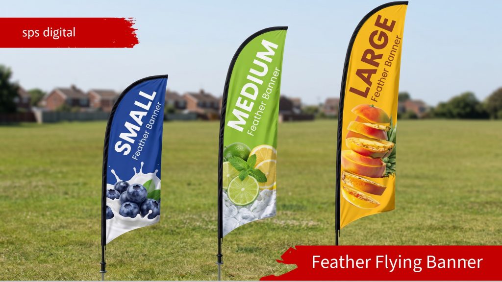 Three flying banners displayed outdoors on a grassy field under clear daylight, arranged in ascending size order from small to medium to large, each with bold printed graphics, realistic fabric movement, carbon‑fibre poles and ground‑spike bases.