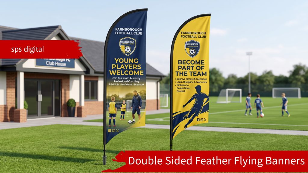 Double‑sided feather‑shaped flying banners installed outdoors at Farnborough Football Club, showing youth‑recruitment graphics on both sides with block‑out liner, carbon‑fibre poles, ground‑spike bases and natural daylight in a professional football training‑ground setting.
