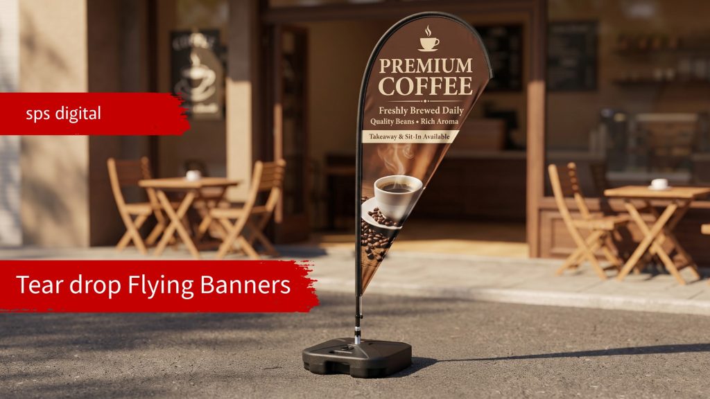 Tear‑drop shaped flying banner placed on roadside tarmac outside a café, featuring warm coffee‑themed graphics, realistic printed textile, carbon‑fibre pole system and a heavy water‑fill tank base with spindle under natural daylight.