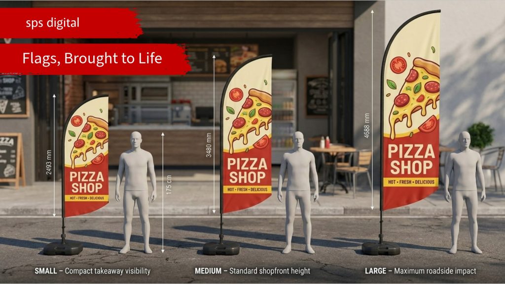 Three pizza‑themed flying banners displayed side by side on roadside tarmac, arranged in small, medium and large sizes with a human figure beside each banner to show height comparison, featuring warm food‑retail colours, carbon‑fibre poles and water‑fill tank bases under natural daylight.