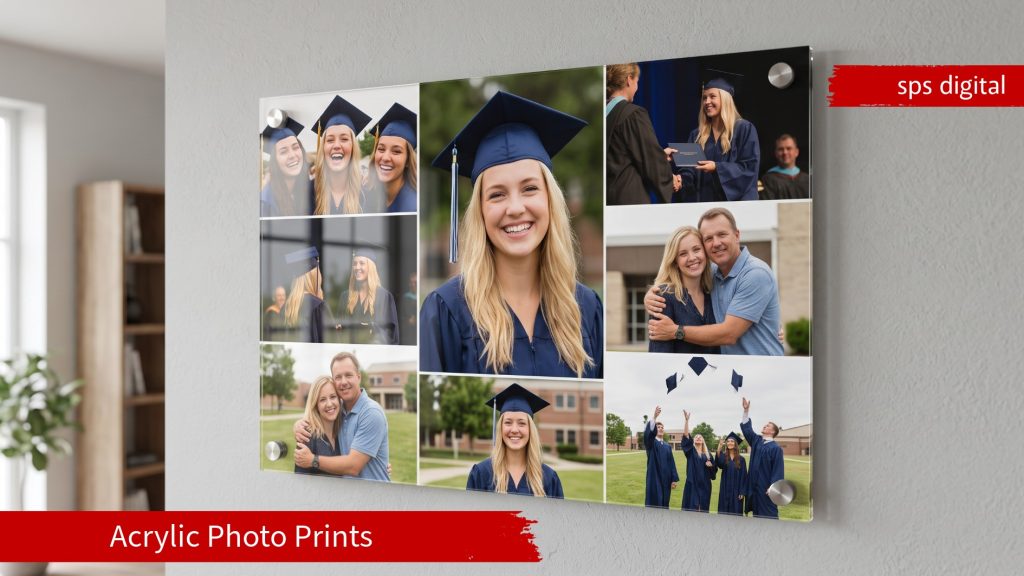Edge‑to‑edge school graduation acrylic photo collage of a single blonde girl mounted on a modern interior wall, featuring high‑gloss acrylic, polished laser‑cut edges, and smaller brushed metal standoff fixings on all four corners.
