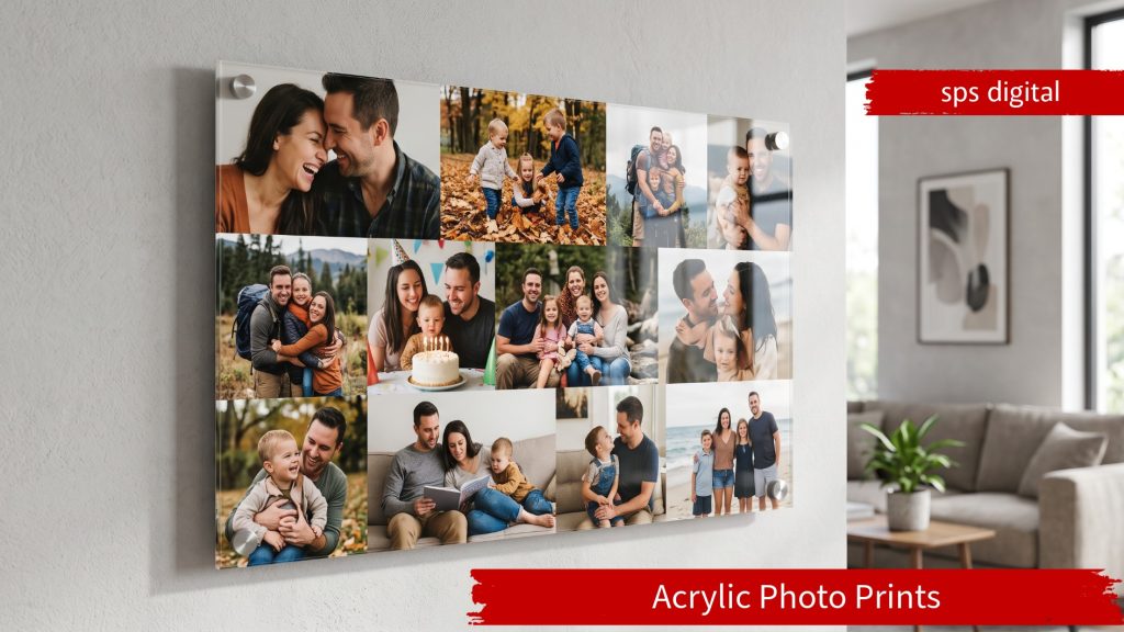 Edge‑to‑edge family acrylic photo collage mounted on a modern interior wall, featuring warm family images of the same couple behind a high‑gloss acrylic sheet with smaller brushed metal standoff fixings on all four corners.