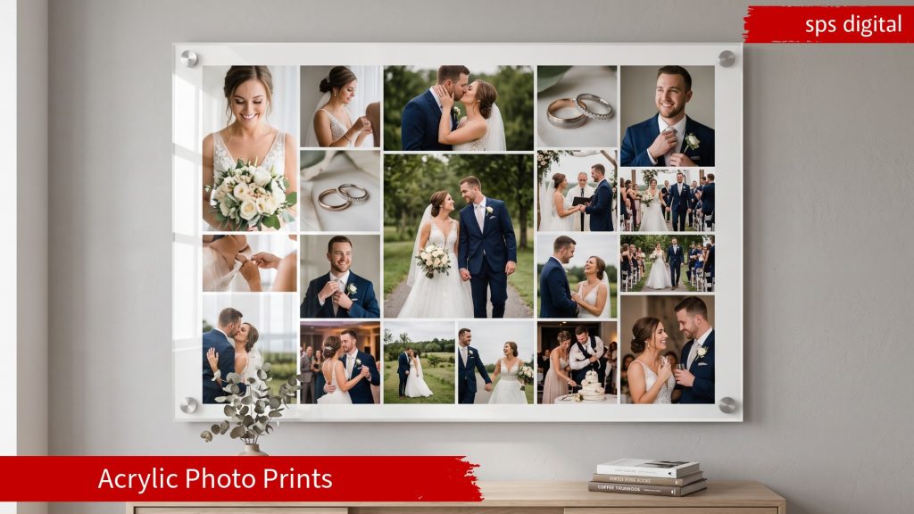 Edge‑to‑edge wedding acrylic photo collage featuring a single man, a single woman, and together couple portraits behind a high‑gloss acrylic sheet, mounted on a modern interior wall with smaller brushed metal standoff fixings on all four corners.