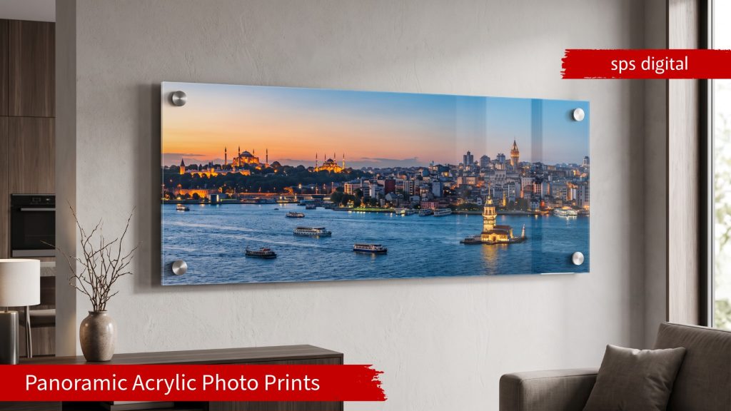 Wide panoramic acrylic print of Istanbul displayed on a modern interior wall, featuring edge‑to‑edge high‑gloss acrylic, polished laser‑cut edges, and small brushed metal standoff fixings on all four corners.