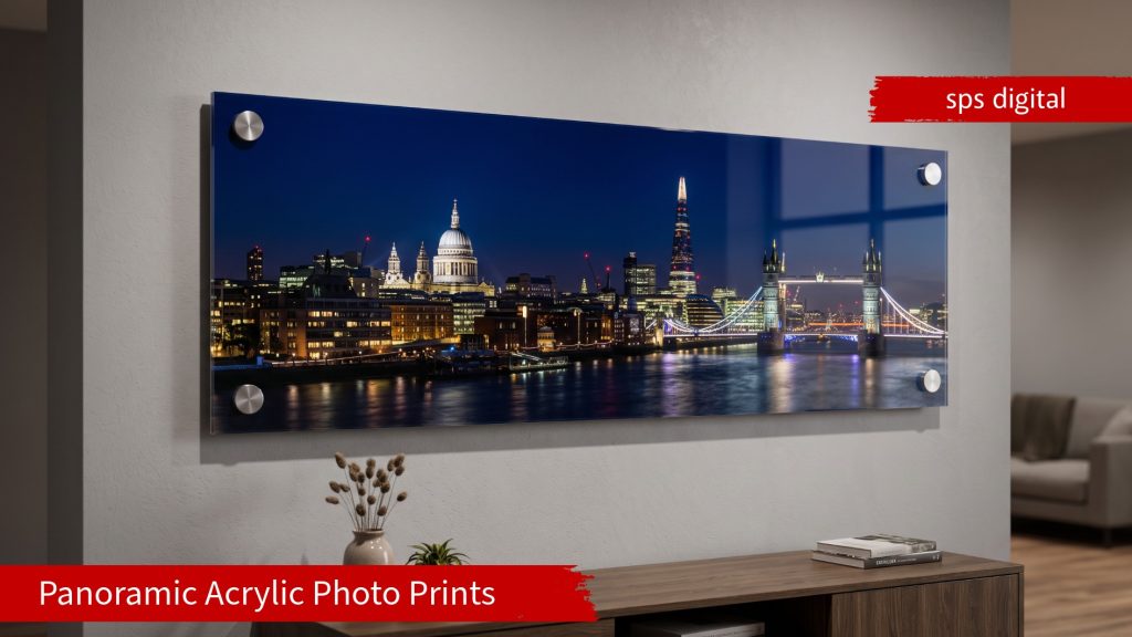 Wide panoramic acrylic print featuring Tower Bridge and St Paul’s Cathedral mounted on a modern interior wall, with edge‑to‑edge high‑gloss acrylic and small brushed metal standoff fixings on all four corners.