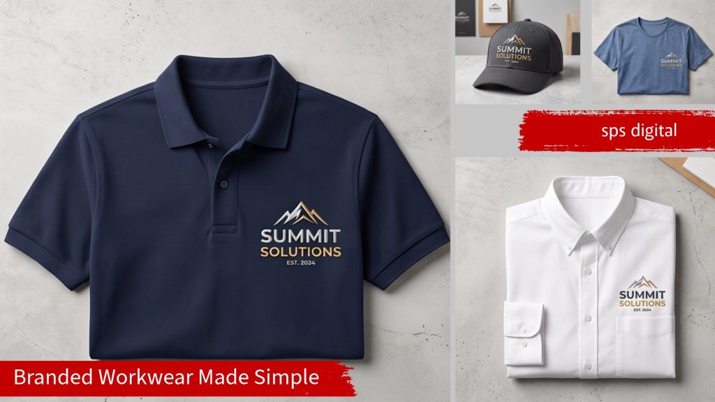 premium embroidered logo showing detailed stitching, raised thread texture and clean edges on workwear fabric.