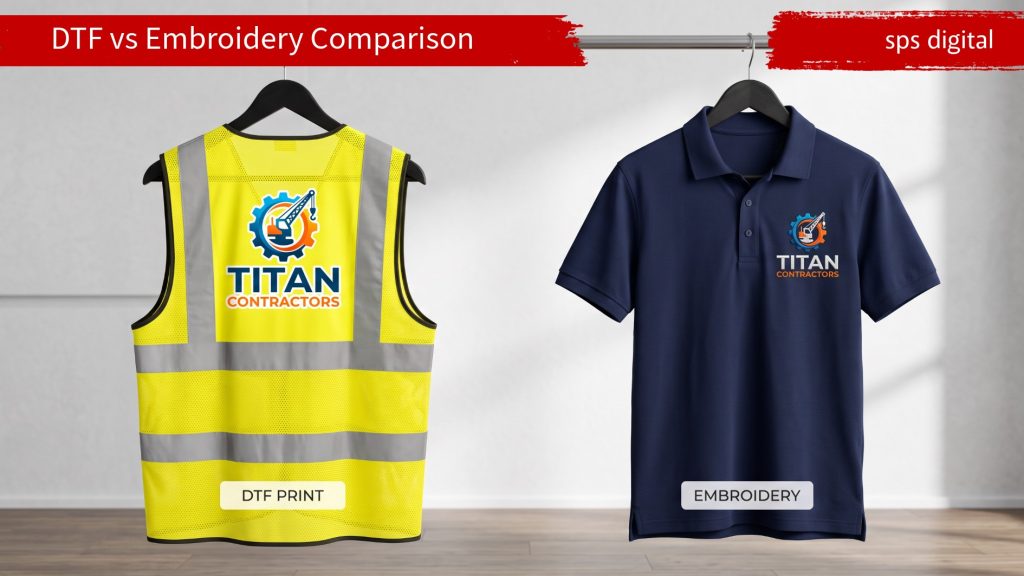 DTF printed logo and embroidered logo shown side‑by‑side on workwear garments, highlighting smooth full‑colour DTF print versus raised stitched embroidery detail, displayed with crisp fabric texture and professional uniform branding.